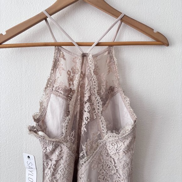 SAYLOR Lace Halter Mini Dress w/ Asymmetric Hem - Picture 8 of 9